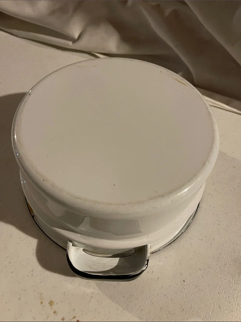 Antique White Enamel Serving Bowl with Black Rim